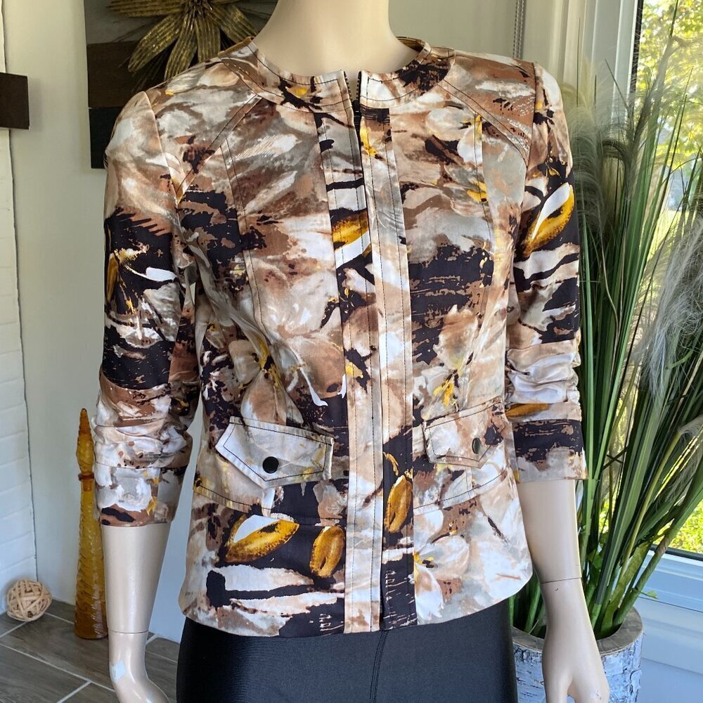 Coldwater Creek Abstract Floral Jacket Zip Up 3/4 Sleeve Floral Earth Tone 4-6